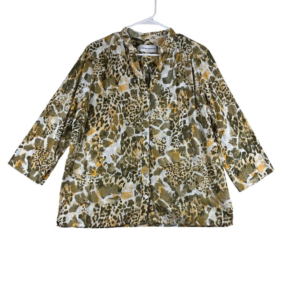 Alfred Dunner 3/4 Sleeve Button Up Blouse Women's 16 100% Cotton Animal Print